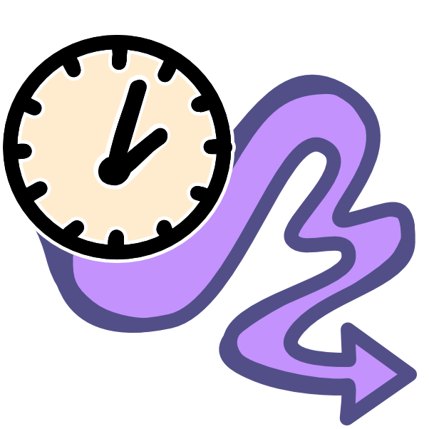  an off white clock with a windy purple arrow coming from it and pointing to the right. 